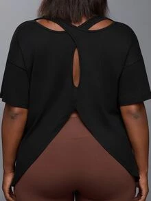Voyena Women's Plus Size Solid Color Round Neck Short Sleeve Back Cutout Design Sports T-Shirt - Black - View 6