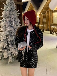 DAZY Women's Polka Dot Pattern Long Sleeve Single-Breasted Knit Cardigan And Knit Skirt Casual Set - Black - View 4