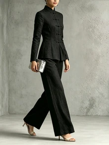 Linhara CURVE Plus Size Autumn/Winter Premium Black Stand Collar Front Button New Chinese Style Long Sleeve Straight Leg Pants With Pockets 2 Pieces Set - Black - View 3