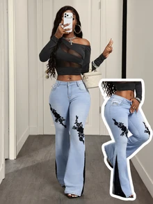 SHEIN Tall Women's Contrast Lace Elegant Flare Leg Jeans With Pockets - Blue - View 9