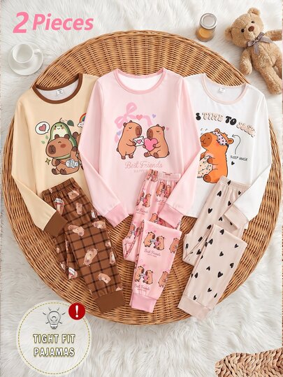 Tween Girl Tween Girl Capybara Print 2 Pieces Pajama Set, Sweet Cartoon Style, Light Pink Knitted Elastic Soft Fabric, Round Neck Long Sleeve Long Pants, Spring Autumn Winter Snug Fit Loungewear Sleepwear