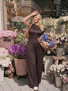 SHEIN MOD 大尺碼女款波點印花不對稱單肩上衣與寬腿褲時尚兩件套 - 棕色 - 查看 1