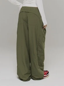 Musera Sport Ruched Detail Waist Loose Fit Low Rise Parachute Style Trouser Active Outdoors Workout Gym Terra Peak - Green - View 4
