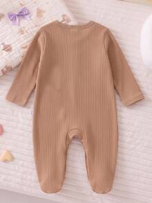 Newborn Long Sleeve Footed Romper, Khaki Soft Ribbed Bear Embroidery Baby Jumpsuit, Round Neck Front Button Closure Footed Baby - Multicolor - View 4