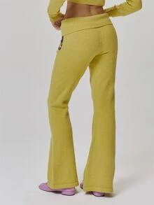 MUSERA Fold Over Ribbed Low Waist Graphic Knitted Fitted Flare Jogger Cute Daily Vintage Y2K Back To School Primary - Yellow - View 4