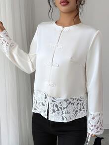 Elenzga Women New Chinese Style Frog Button Satin Jacket, Lace Patchwork Long Sleeve Elegant Party Outerwear, Autumn Winter - Beige - View 7