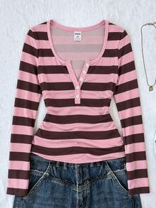 Tween Girl Striped Long Kids Sleeve Casual Versatile T-Shirt With Faux Button Design - White - View 6