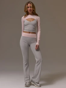 Musera Sport Contrast Colour Waist Piped Detail Fitted Flare Coord Legging Cute Girly Autumn Winter Fall Gym Holiday Dainty Ice - Grey - View 1