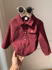 SHEIN Baby Boy Solid Color Versatile Comfortable Collared Long Sleeve Button-Up Shirt - Burgundy - View 7
