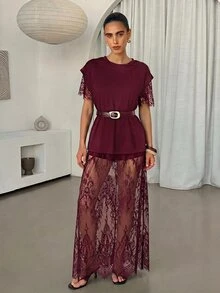 Lavishia 女款圓領短袖透視蕾絲洋裝，蕾絲刺繡透視拍照套裝，黑色花卉，日常優雅派對夜店女裝 - 酒紅色 - 查看 6