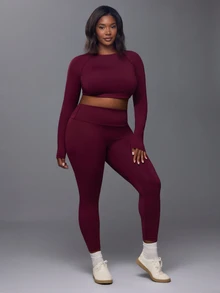 Voyena Women's Plus Size Solid Color Backless Long Sleeve Top And Leggings Casual Daily Sports Set - Purple - View 5