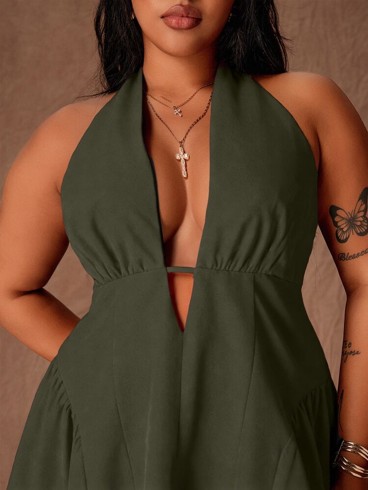 Rustia Plus Size Minimalist Sexy Hot Girl Fashion Design Deep V Halter Neck Tie Cinched Waist Dress - Army Green - View 4