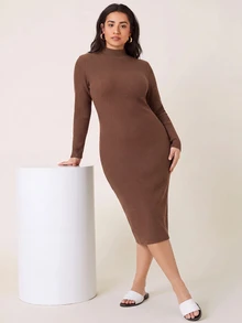 SHEIN BASICS Plus Size Women Solid Color Stand Collar Long Sleeve Slim Fit Elegant Knit Dress - Coffee Brown - View 3
