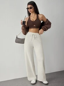SHEIN Dewbera بنطلون طويل للنساء بخصر برباط لون موحد كاجوال متعدد الاستخدامات للسفر اليومي والرياضة - أبيض - مشاهدة 2