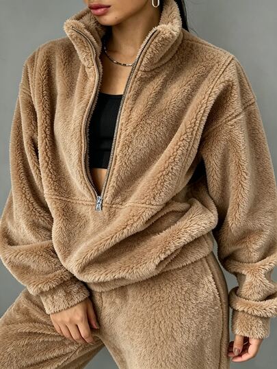 SHEIN LUNE CURVE Plus Size Casual Stand Collar Long Sleeve Metal Zipper Tapered Leg Pants Fleece Two Pieces Set Winter