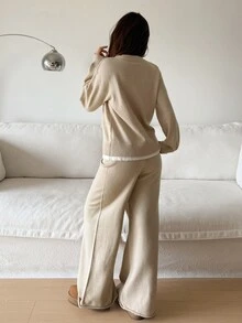Livesso Women's Solid Color Long Sleeve Top And Pants Knit Two Pieces Set - Beige - View 2