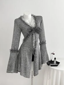 Elamini Women's Mesh Patchwork Casual Versatile Daily Wear Cardigan - Dark Grey - View 3