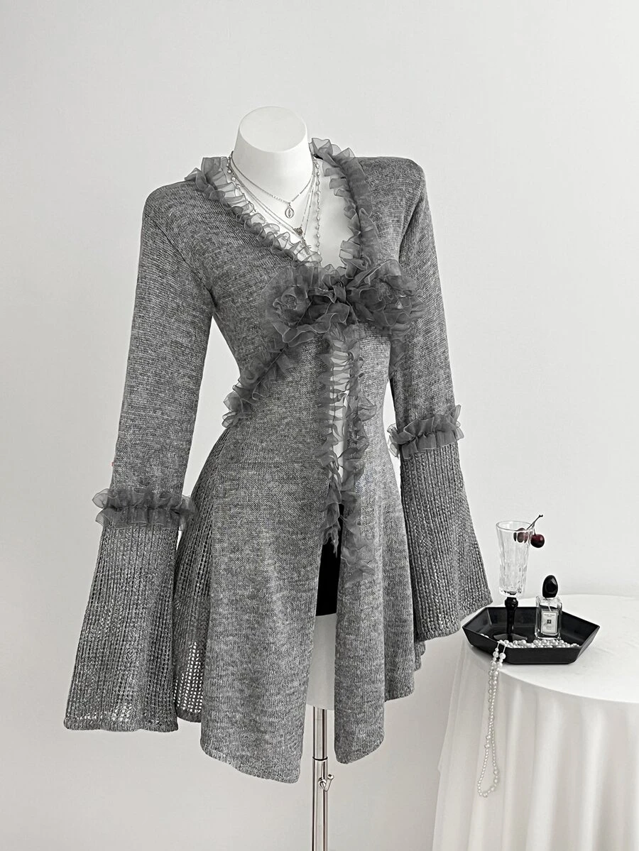 Elamini Women's Mesh Patchwork Casual Versatile Daily Wear Cardigan - Dark Grey - View 1
