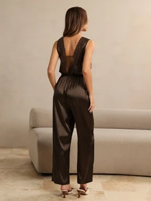 HautHeat Women's Contrast Lace Front Tie Sleeveless Elegant Jumpsuit Nightgown - Coffee Brown - View 2