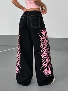 StreetHx Plus Size Letter Print Hip Hop Button Loose Fit Denim Jeans - Black - View 2
