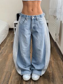 StreetHx Women's Side Stripe Pocket Wide Leg Loose Casual Denim Jeans - Light Wash - View 5