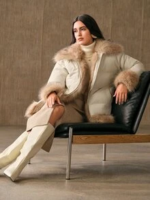 Anewsta Women's Long Sleeve Zipper Front Patchwork Fur Collar Thickened Winter Jacket - Beige - View 6