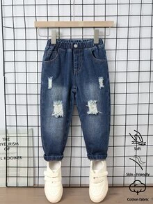 SHEIN 男童百搭休閒破洞磨損修身牛仔褲 - 深色水洗藍 - 查看 1