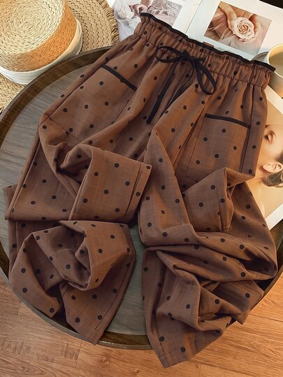 valorelle valorelle Calça Feminina de Cintura Alta com Estampa de Bolinhas, Detalhe de Bolso e Perna Reta, Outono
