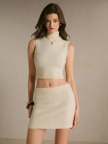 Poéselle Women's High Neck Streetwear Tank Top And Mini Skirt Knit Two Pieces Set,Street-Style Turtleneck Sweater Set-Perfect For An Autumn Or Winter - White - View 4