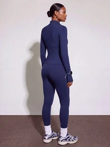 Zivah Women's Solid Color Zip-Up Long Sleeve Top And Leggings Casual Daily Sports Set - Blue - View 9