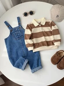 SHEIN 2件組男嬰秋冬休閒運動衫與牛仔吊帶褲套裝，運動衫套裝，嬰兒套裝，秋冬套裝，條紋套裝，條紋套裝 - 彩色 - 查看 7