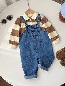 SHEIN 2件組男嬰秋冬休閒運動衫與牛仔吊帶褲套裝，運動衫套裝，嬰兒套裝，秋冬套裝，條紋套裝，條紋套裝 - 彩色 - 查看 6