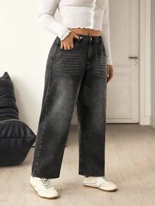 Flexra Plus Size Women's Straight Leg Loose Casual Versatile Denim Jeans With Pockets - Black - View 4