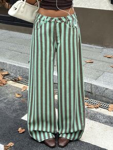Rivivi 女款街頭風條紋拼色鈕扣牛仔褲，秋冬新年穿搭 - 棕色 - 查看 8