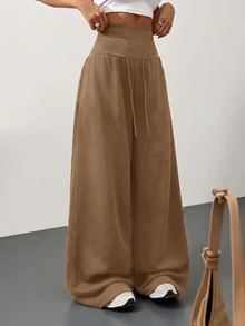 SHEIN Tall CURVE 大尺碼高腰灰色針織抓絨抽繩寬鬆運動長褲，適合冬季畢業季、返校季、畢業典禮、教師穿搭等場合，秋季女款寬腿舒適運動褲 - 駝色 - 查看 4