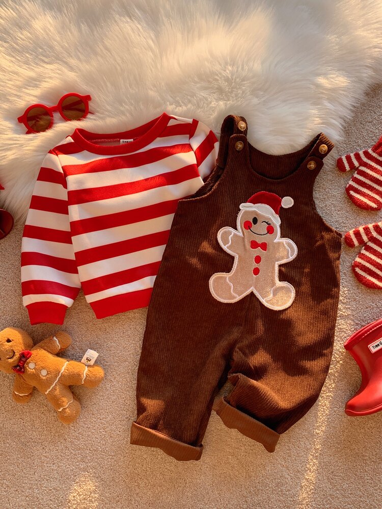SHEIN Unisex Newborn Baby Boy/Girl, Toddler 2pcs Autumn/Winter Cute Gingerbread Man Pattern Overalls And Red Striped Sweatshirt Set, Baby Christmas Outfit - Red - View 1