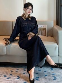 DAZY Women's Leopard Print Contrast Color Long Sleeve Jacket And Skirt Casual Denim Set - Dark Wash - View 5