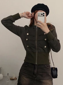 DAZY 女款小立領長袖短版開襟運動衫，派對休閒風 - 咖啡棕 - 查看 5