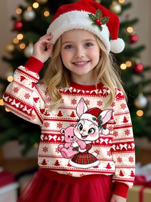1pc Young Girls Casual Fresh Cute Cartoon Red & White Christmas Rabbit Momo Pattern Crew Neck Sweatshirt, Christmas Fall Outfits - Pink - View 3