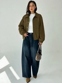 Aloruh Women's Solid Color Long Sleeve Single-Breasted Casual Jacket - Army Green - View 3