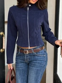 FavEase Women's Autumn Minimalist Slim Fit Street Style Stand Collar Long Sleeve Jacket - Navy Blue - View 5