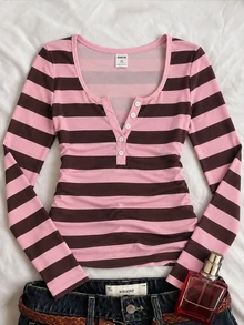 Tween Girl Striped Long Kids Sleeve Casual Versatile T-Shirt With Faux Button Design - White - View 4