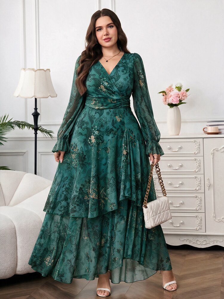 Reflora New Plus Size Women's Fashion Printed Ruffle Hem High Elastic Waist Long Dress, Autumn Dress, Ruffle Dress, Printed Dress, Summer Dress, Summer Dress, Summer Clothing, Summer Vacation Clothing, Women's Summer Long Dress, Spring Clothing, Women's Spring Break Clothing, Spring Clothing, Valentine's Day, - Teal Blue - View 4