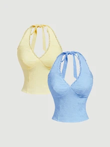 SHEIN MOD 女款時尚對比蕾絲掛脖上衣 2件套 - 藍色 - 查看 1