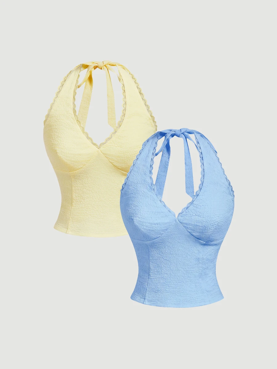 SHEIN MOD 女款時尚對比蕾絲掛脖上衣 2件套 - 藍色 - 查看 1