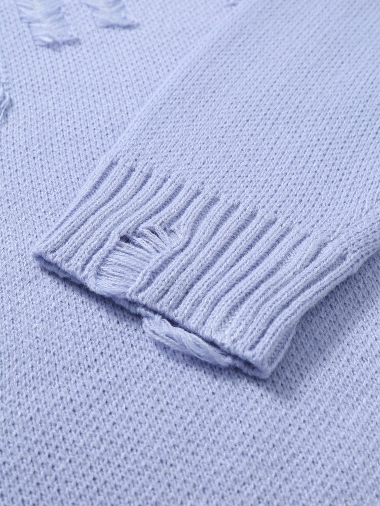 Manfinity EMRG Men's Letter Distressed Crew Neck Long Sleeve Casual Sweater, Autumn/Winter - Dusty Blue - View 5