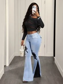 SHEIN Tall Women's Contrast Lace Elegant Flare Leg Jeans With Pockets - Blue - View 6
