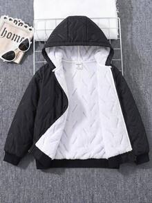 SHEIN 兒童青少年男孩保暖內裡加厚黑色夾克，秋冬款，絎縫外套，冬季外套，派克大衣，填充外套，填充外套，絎縫外套 - 黑色 - 查看 3