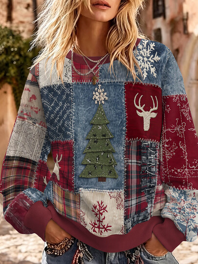 Breezaya Sudadera de mujer talla grande con estampado vintage boho floral a cuadros y patchwork, manga larga, cuello redondo, suéter casual holgado de estilo urbano, atuendo de otoño para mujer