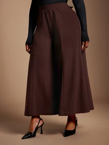 SHEIN SXY Plus Size Women's Casual Coffee Brown High Waist Wide Leg Cropped Pants Fall - Brown - View 4